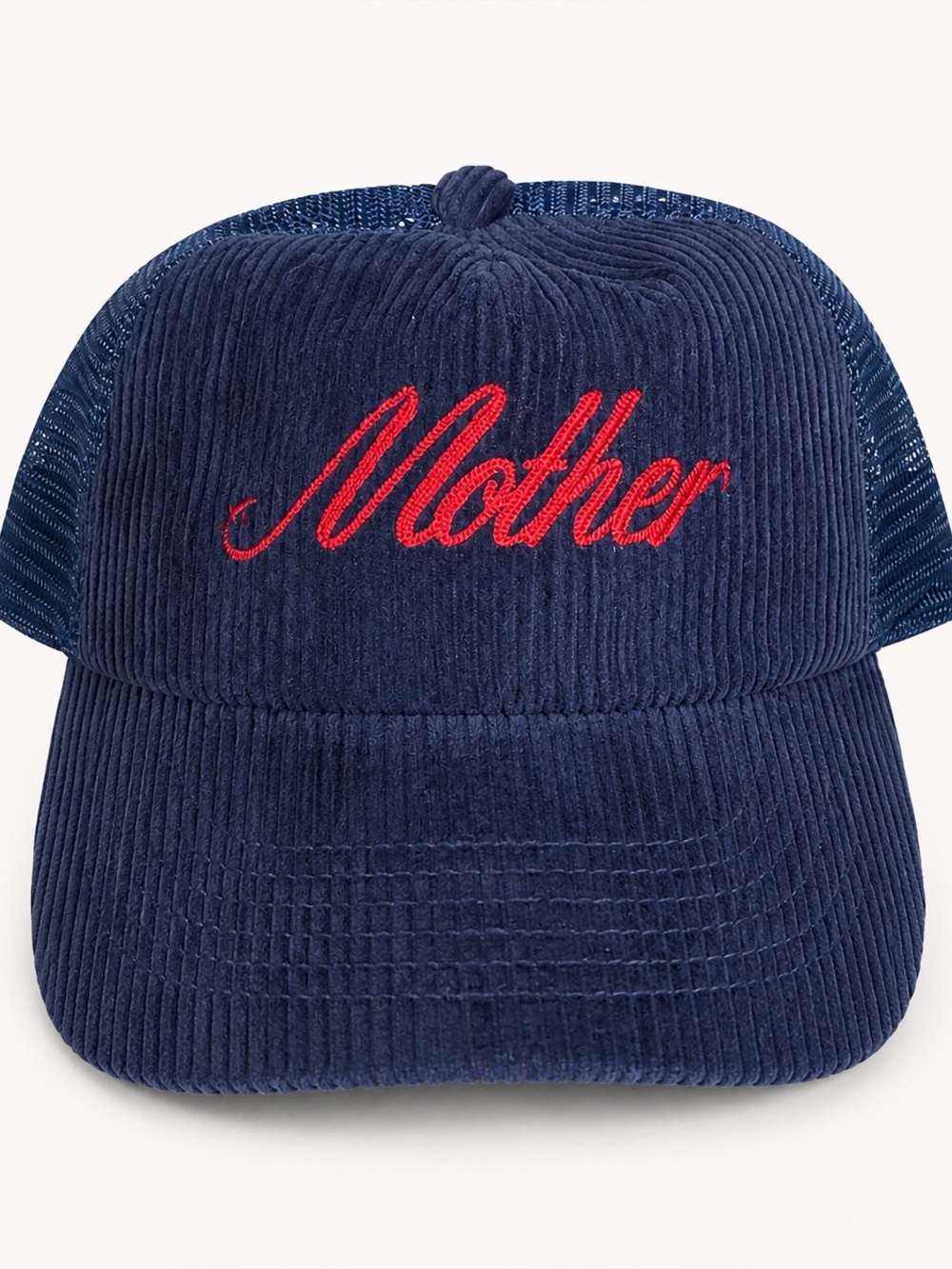 MOTHER 10-4 Trucker Hat in Blue Corduroy with Red Detail
